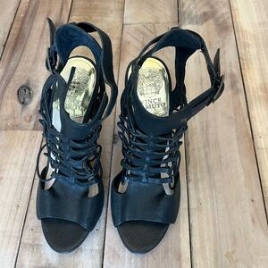 Vince Camuto Black Leather Strappy Open Toe Heels Size 6 1/2.